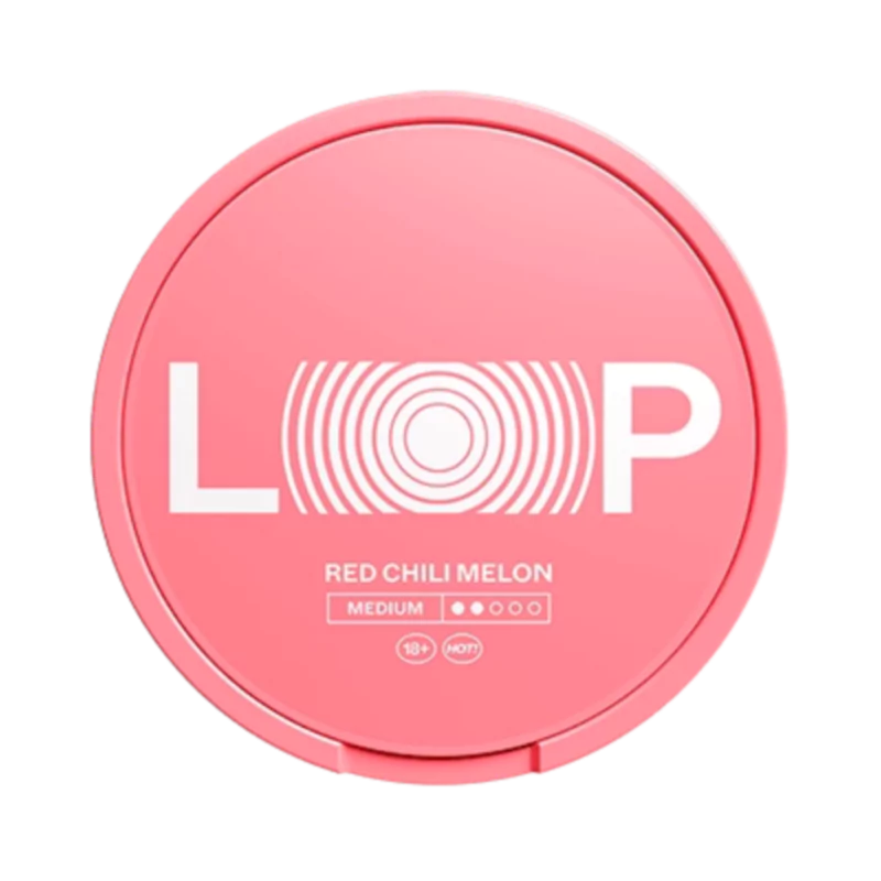 Loop red chili melon snus, pink can, white and pink label. 