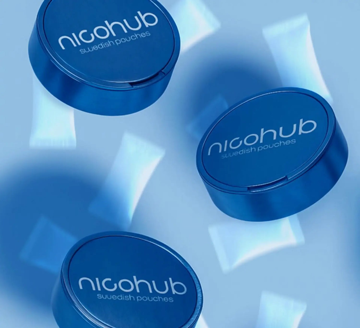 Blue Nicohub Swedish pouches cans floating with white nicotine pouches on a soft blue background. 