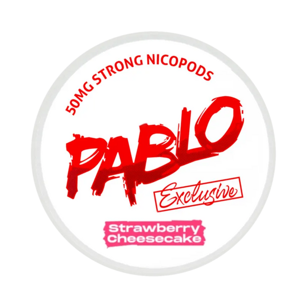 Front view of PABLO Exclusive 50 มก. ถุงนิโคติน with strawberry cheesecake flavor