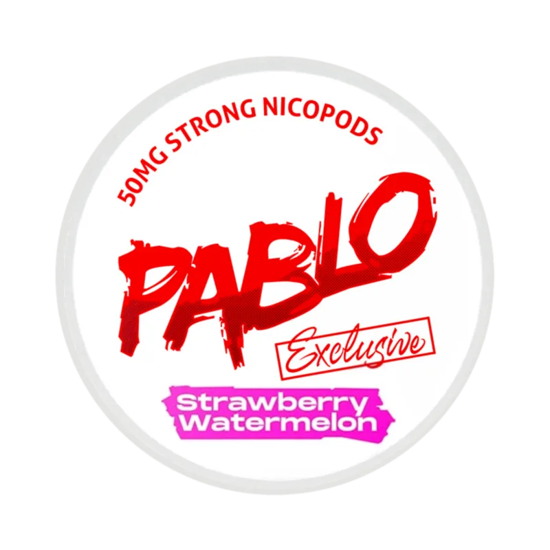 Front view of PABLO Exclusive 50mg nicotine pouches with strawberry watermelon flavor 