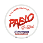 Front view of PABLO Exclusive Blueberry Peach Ice nicotine pouch – 50 mg strength with blueberry and peach ice flavor.