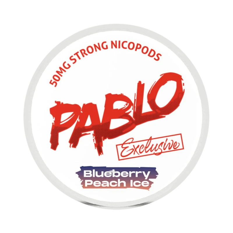 Front view of PABLO Exclusive Blueberry Peach Ice nicotine pouch – 50 mg strength with blueberry and peach ice flavor.