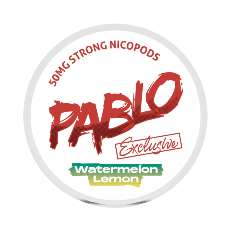 Front view of PABLO Exclusive Watermelon Lemon nicotine pouch – 50 mg strength with watermelon and lemon flavor.