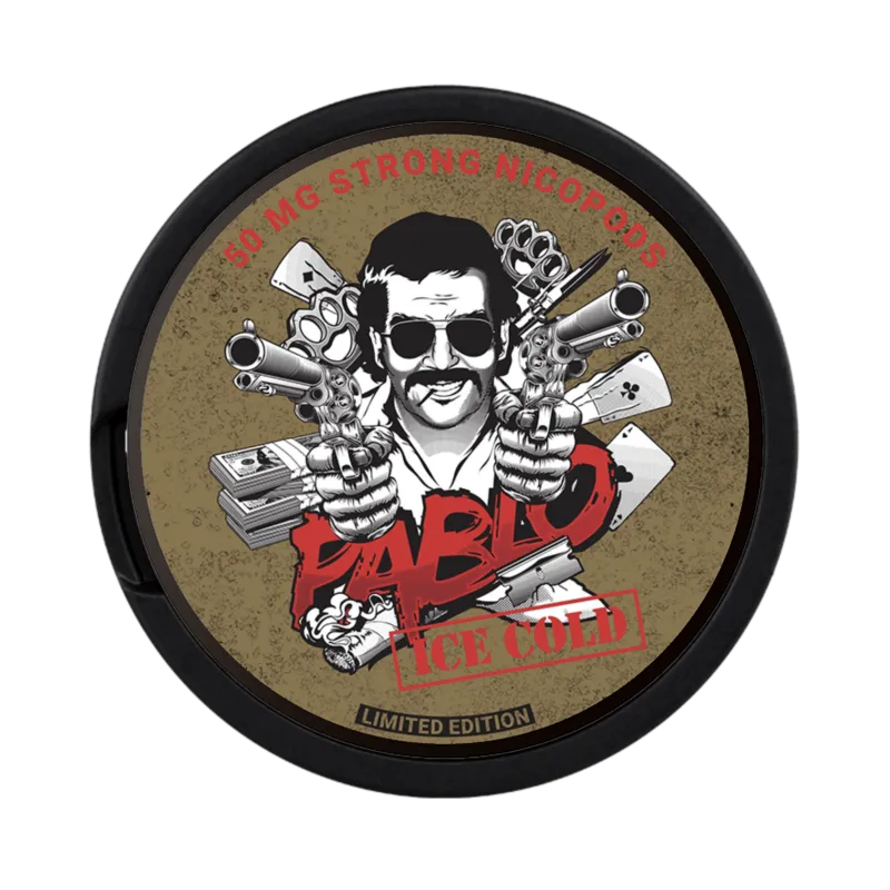 Front view of PABLO Ice Cold nicotine pouch – 50mg Limited Edition with intense menthol flavor.