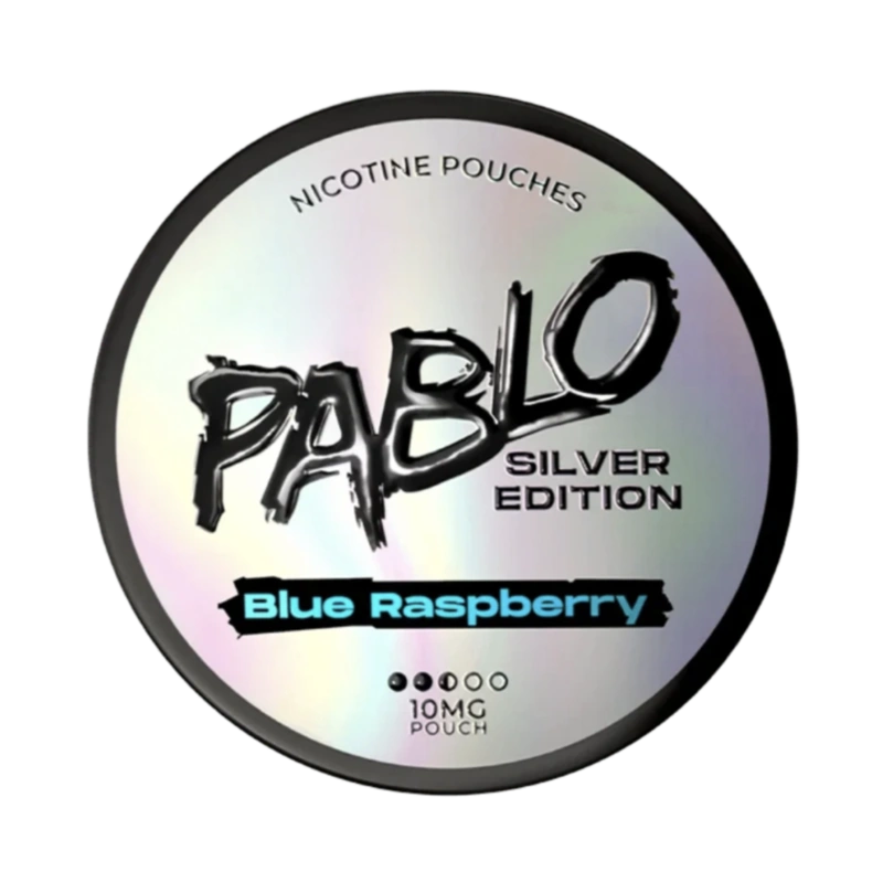 Front view of PABLO Silver Edition Blue Raspberry nicotine pouch – with sweet blue raspberry flavour.