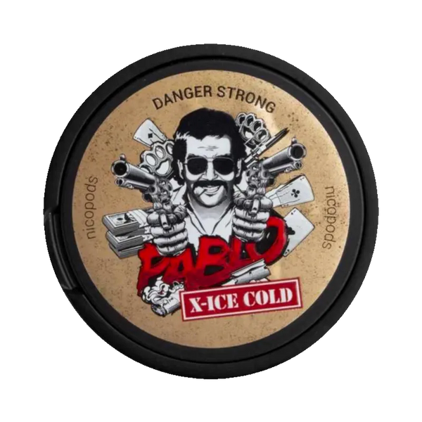 Front view of PABLO X-Ice Cold nicotine pouch – extra strong with intense icy mint flavour.