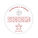 Siberia -80°C All White extremely strong nicotine pouch can, front view of the white lid with red lettering and bear logo