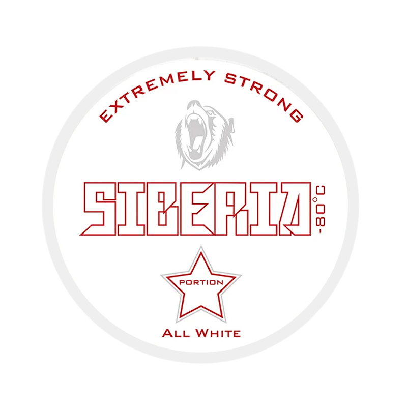 Siberia -80°C All White extremely strong nicotine pouch can, front view of the white lid with red lettering and bear logo