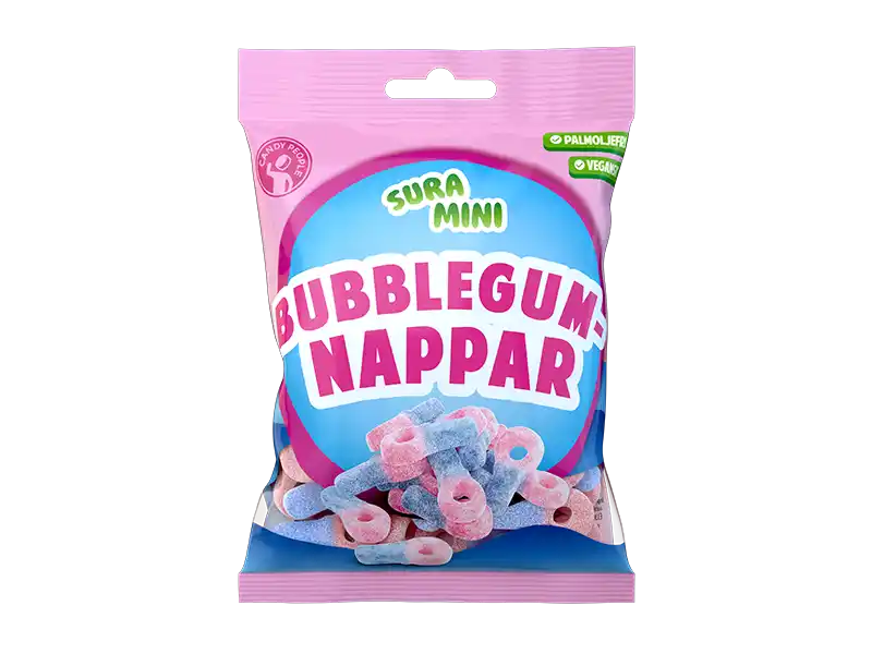 Front view of Sura Mini Bubblegum candy – sour bubblegum gummies with sweet chewy flavor. 