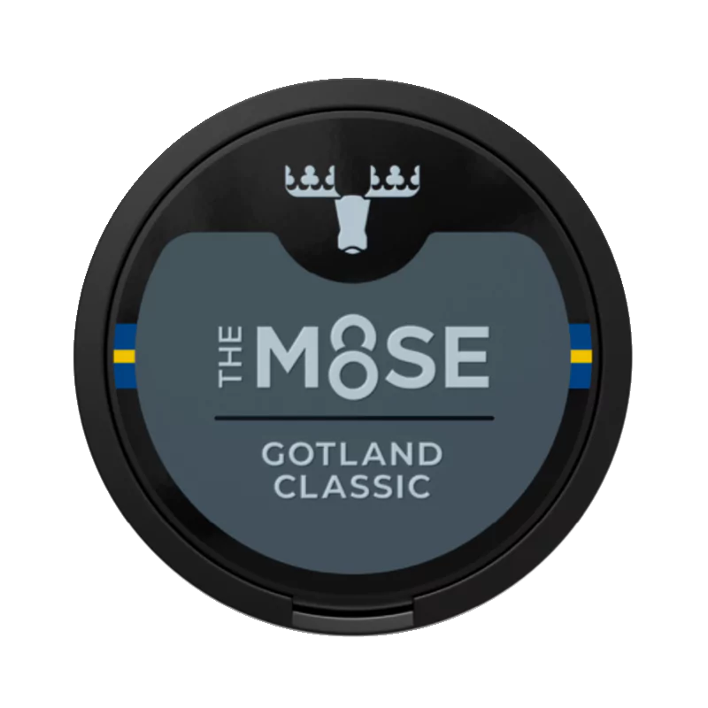 The Moose Gotland classic snus, black can, gray and light gray label. 