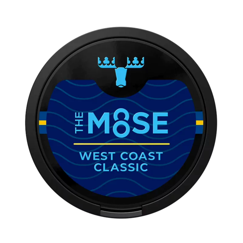 The moose, west coast classic snus, black can, blue and yellow label. 