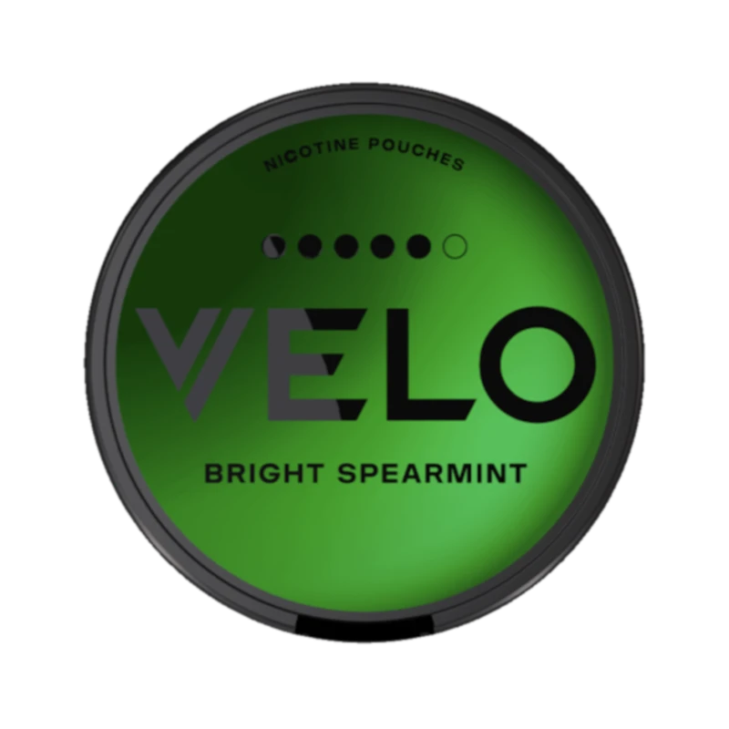 Front view of VELO Bright Spearmint nicotine pouch – 14 mg strength with crisp spearmint flavour.