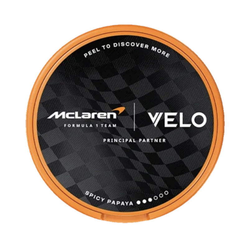 Front view of VELO McLaren Spicy Papaya, with juicy papaya tropical flavour.