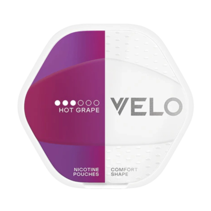 Front view of VELO Shift Hot Grape nicotine pouch – 8mg strength with warming sweet grape flavour.