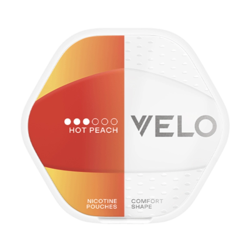 Front view of VELO Shift Hot Peach nicotine pouch – 8mg strength with warming sweet peach flavour.