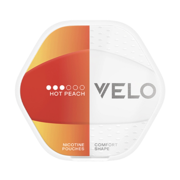 Front view of VELO Shift Hot Peach nicotine pouch – 8mg strength with warming sweet peach flavour.