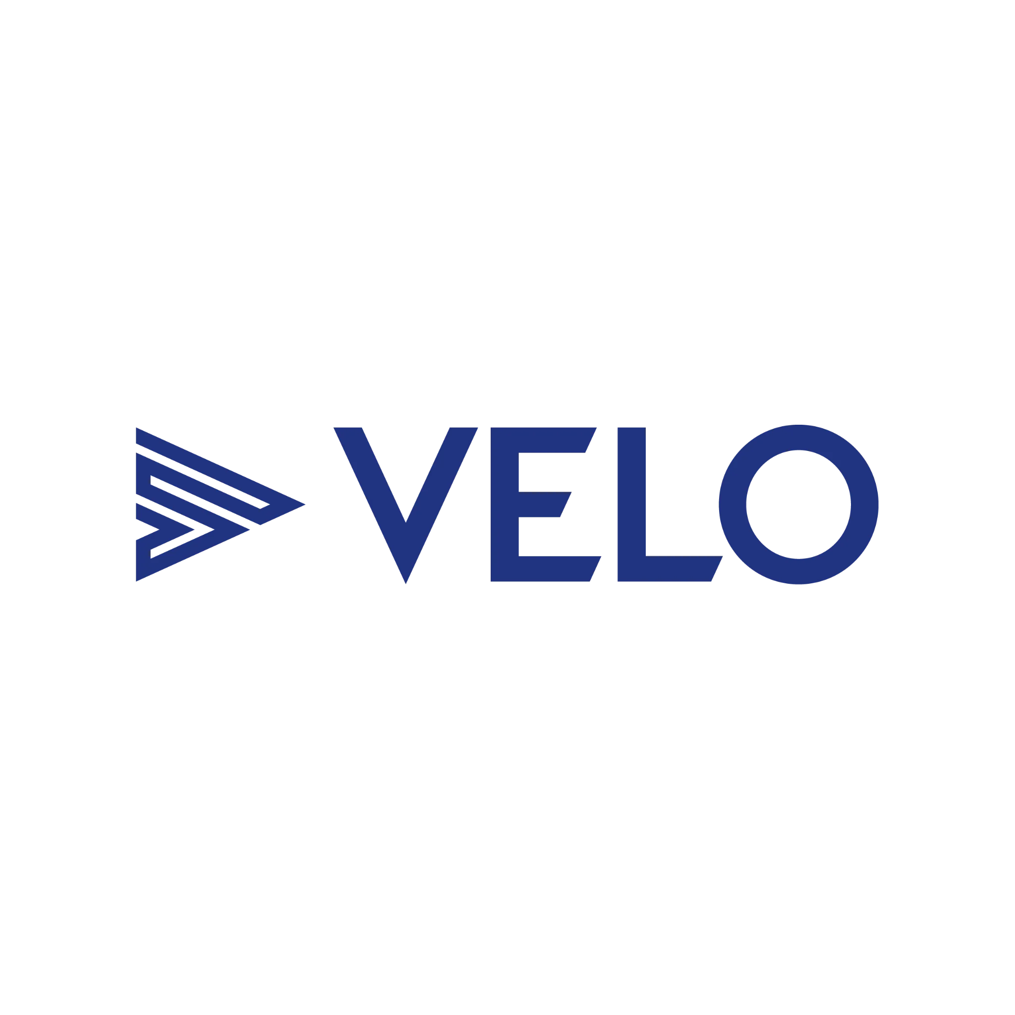 Front view of VELO logo – bold blue lettering with geometric arrow symbol on transparent background.