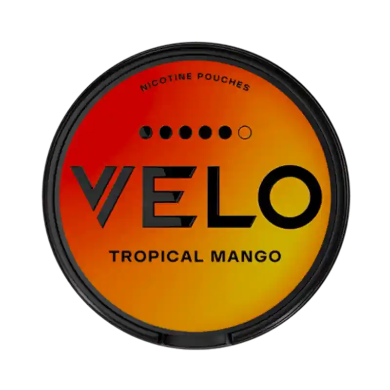VELO Tropical Mango 14MG nicotine pouch with fiery orange-black gradient design. 
