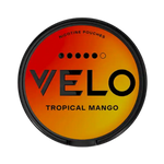 VELO Tropical Mango nicotine pouch with fiery orange-black gradient design. 