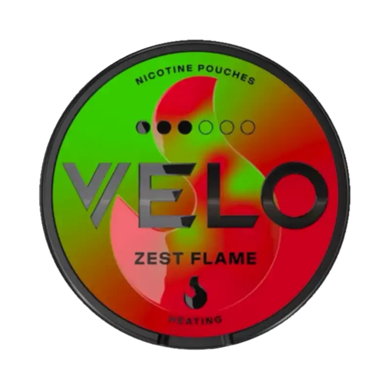 VELO Zest Flame nicotine pouch with bold heating effect design and spicy citrus flavor.