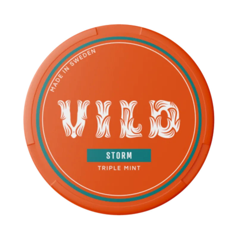 Vild Storm Triple Mint nicotine pouch in a bold orange can with Swedish design