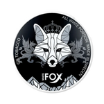 White Fox Black Edition nicotine pouch in sleek dark can with royal crown and arctic fox emblem