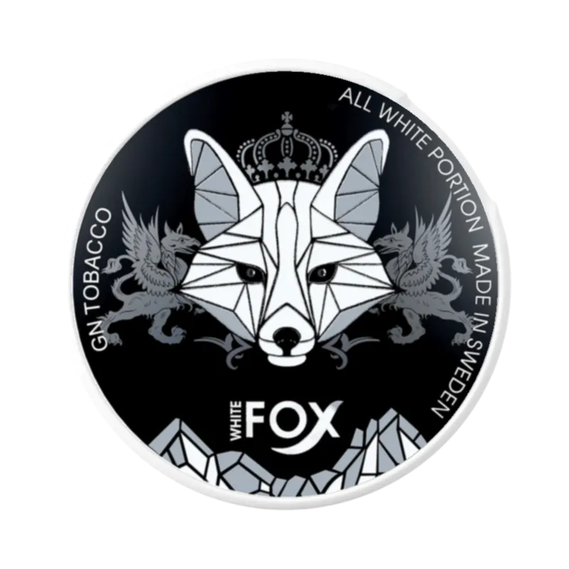 White Fox Black Edition nicotine pouch in sleek dark can with royal crown and arctic fox emblem