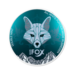 White Fox Double Mint nicotine pouch with geometric arctic fox on teal-blue can