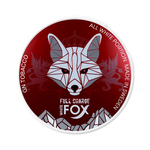 White Fox Full Charge nicotine pouch in a deep red can with aggressive mint strength and sharp arctic fox design
