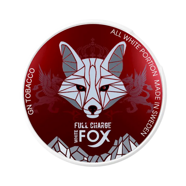 White Fox Full Charge nicotine pouch in a deep red can with aggressive mint strength and sharp arctic fox design
