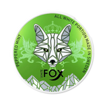White Fox Peppered Mint nicotine pouch in vivid green can with sharp mint flavor and geometric fox design