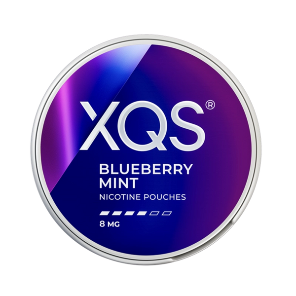 Front view of XQS Blueberry Strong nicotine pouch – 8mg strength with sweet blueberry flavor.