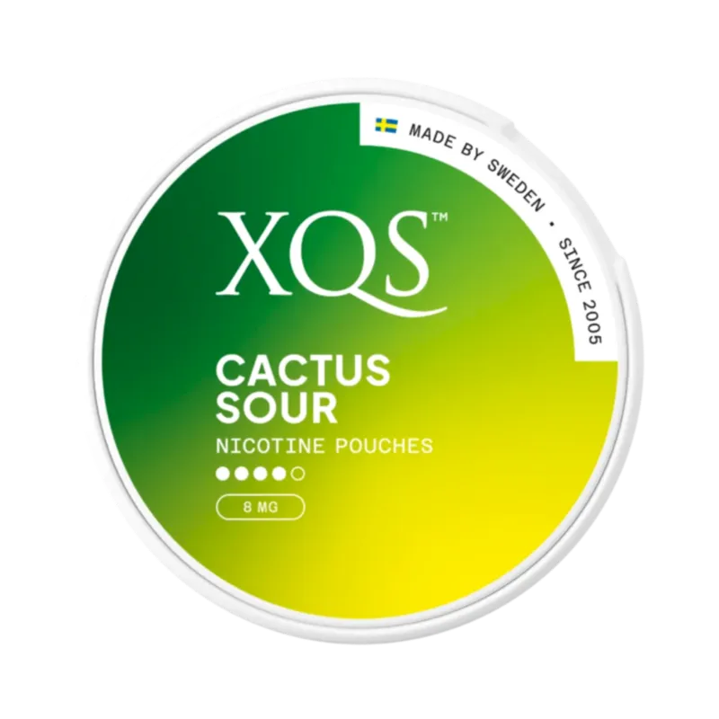 Front view of XQS Cactus Sour nicotine pouch – 8mg strength with sour tangy cactus note and citrus flavor.