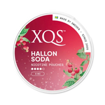 Front view of XQS Hallon Soda nicotine pouch – 8mg strength with fizzy sweet hallon raspberry flavor.