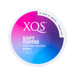 Front view of XQS Soft Toffee Strong nicotine pouch – 8mg strength with sweet caramel flavor.