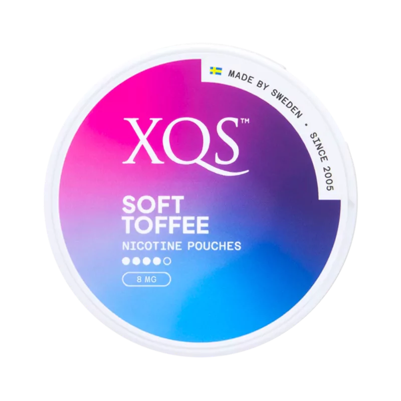 Front view of XQS Soft Toffee Strong nicotine pouch – 8mg strength with sweet caramel flavor.