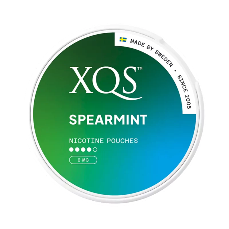 Front view of XQS Spearmint Strong nicotine pouch – 8mg strength with cooling spearmint flavor.
