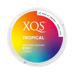 Front view of XQS Tropical nicotine pouch – 8mg strength with sweet mixed tropical fruit flavor, passion fruit and mango
