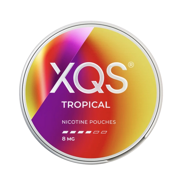 Front view of XQS Tropical Strong nicotine pouch – 8mg strength with sweet tropical fruit flavor.