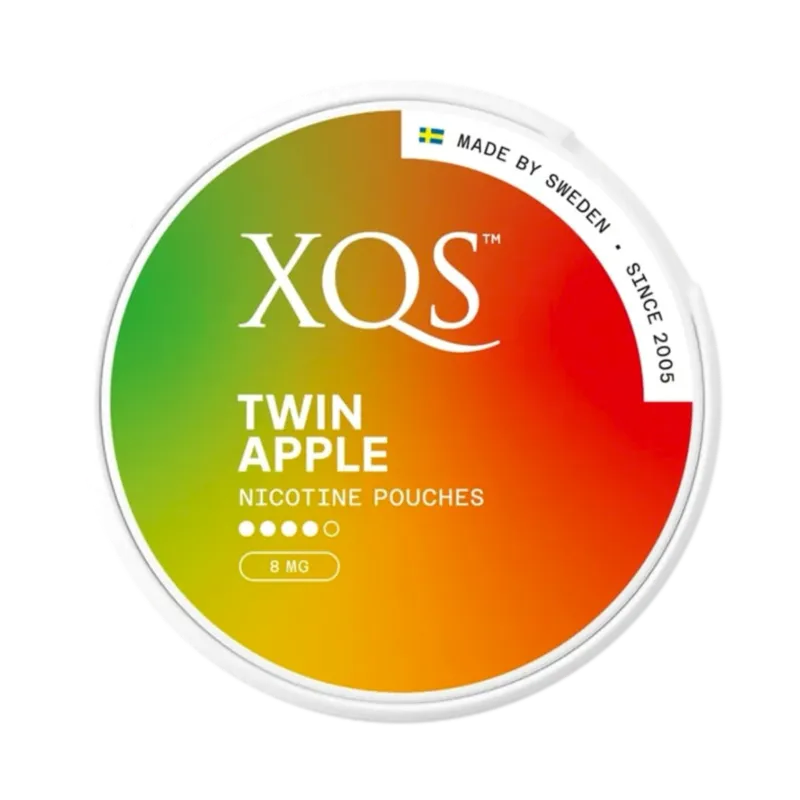 Front view of XQS Twin Apple nicotine pouch – 8mg strength with sweet and sour mixed of red apple and green apple flavor.