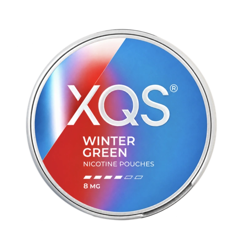 Front view of XQS Wintergreen Strong nicotine pouch – 8mg strength with sweet herbal mint flavour.