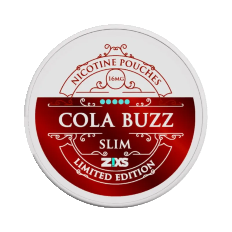 Front view of ZIXS Cola Buzz nicotine pouch – 12mg slim edition with classic fizzy cola flavor