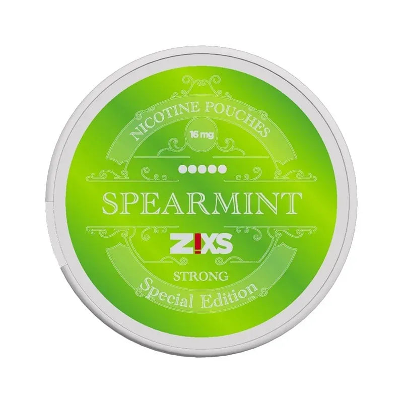 Front view of ZIXS Spearmint nicotine pouch – 12mg strong edition with fresh minty flavor