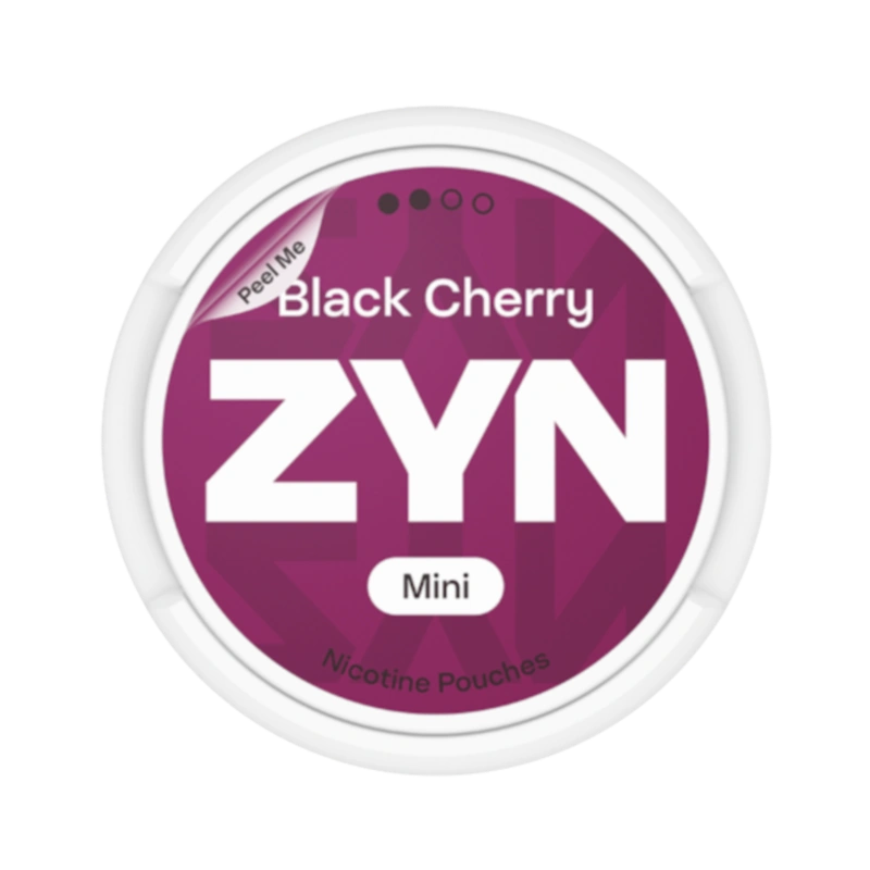 Front view of ZYN Black Cherry Mini Dry nicotine pouch – 3mg strength with bold cherry flavor.