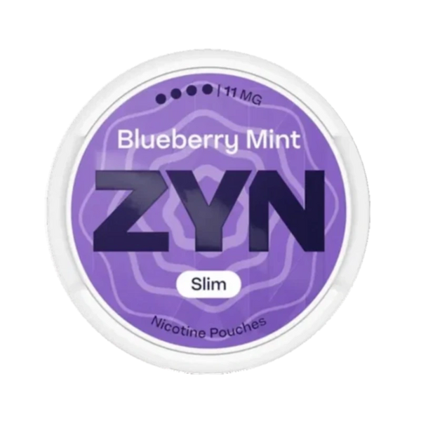 Front view of ZYN Blueberry Mint Slim Extra Strong 11mg nicotine pouch – Super Strong with sweet minty blueberry flavour.