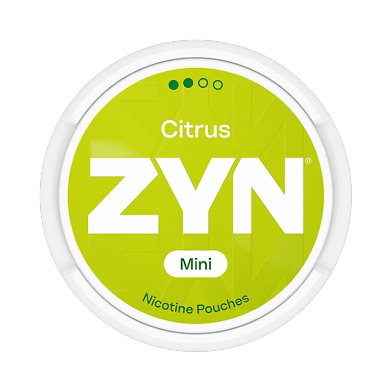 Front view of ZYN Citrus Mini Dry Normal nicotine pouch – Low strength with zesty citrus flavor.