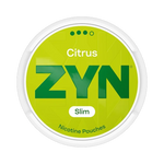 Front view of ZYN Citrus Slim Strong nicotine pouch – Strong strength with zesty citrus flavor.