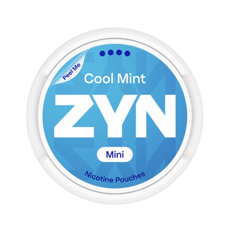 Front view of ZYN Cool Mint Mini Dry nicotine pouch – extra strong with refreshing mint flavor.