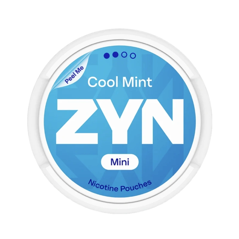 Front view of ZYN Cool Mint Mini Dry Normal nicotine pouch – Mini with cool mint flavor.