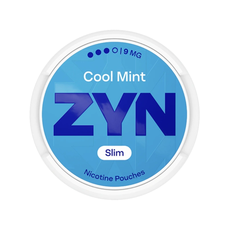 Front view of ZYN Cool Mint Slim Strong 
nicotine pouch – Mini with cool mint flavor.